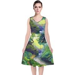 Landscape Illustration Nature Forest River Water V-neck Midi Sleeveless Dress 