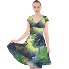 Landscape Illustration Nature Forest River Water Cap Sleeve Front Wrap Midi Dress