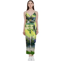 Landscape Illustration Nature Forest River Water V-neck Spaghetti Strap Tie Front Jumpsuit