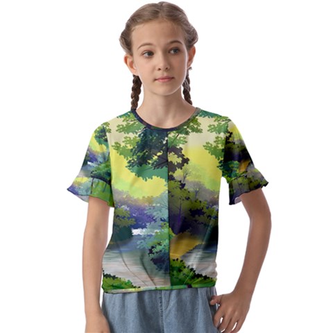 Landscape Illustration Nature Forest River Water Kids  Cuff Sleeve Scrunch Bottom Tee by Mog4mog4