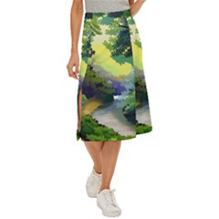 Landscape Illustration Nature Forest River Water Midi Panel Skirt