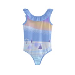 Vector Winter Landscape Sunset Evening Snow Kids  Frill Swimsuit