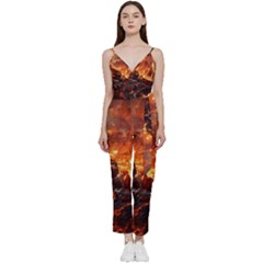 Nature Wallpaper Vulcanic Landscape V-neck Spaghetti Strap Tie Front Jumpsuit