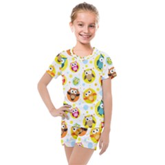 Owl Bird Cartoon Kids  Mesh Tee And Shorts Set