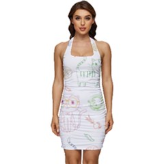 Cats And Food Doodle Seamless Pattern Sleeveless Wide Square Neckline Ruched Bodycon Dress