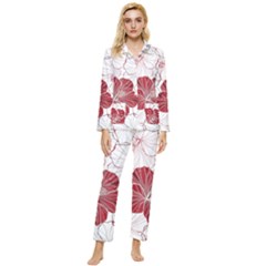 Red Hibiscus Flowers Art Womens  Long Sleeve Velvet Pocket Pajamas Set by Bakwanart