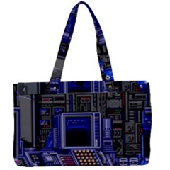 Blue Computer Monitor With Chair Game Digital Wallpaper, Digital Art Canvas Work Bag by Bakwanart