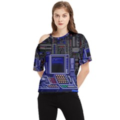 Blue Computer Monitor With Chair Game Digital Wallpaper, Digital Art One Shoulder Cut Out Tee by Bakwanart