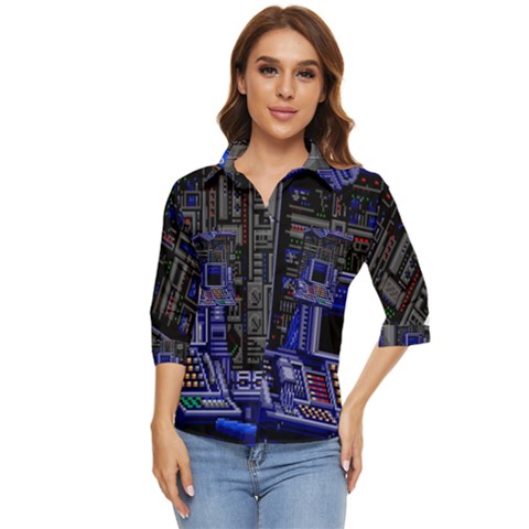 Blue Computer Monitor With Chair Game Digital Wallpaper, Digital Art Women s Quarter Sleeve Pocket Shirt by Bakwanart