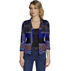 Blue Computer Monitor With Chair Game Digital Wallpaper, Digital Art Women s Casual 3/4 Sleeve Spring Jacket
