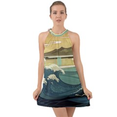 Sea Asia, Waves Japanese Art The Great Wave Off Kanagawa Halter Tie Back Chiffon Dress by Bakwanart