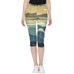 Sea Asia, Waves Japanese Art The Great Wave Off Kanagawa Inside Out Lightweight Velour Capri Leggings 