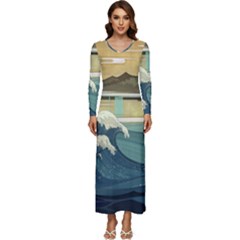 Sea Asia, Waves Japanese Art The Great Wave Off Kanagawa Long Sleeve Longline Maxi Dress by Bakwanart