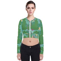 Green Retro Games Pattern Long Sleeve Zip Up Bomber Jacket by Bakwanart