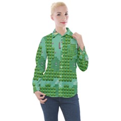 Green Retro Games Pattern Women s Long Sleeve Pocket Shirt