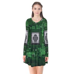 Technology Computer Chip Electronics Industry Circuit Board Long Sleeve V-neck Flare Dress by Bakwanart