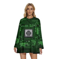 Technology Computer Chip Electronics Industry Circuit Board Round Neck Long Sleeve Bohemian Style Chiffon Mini Dress by Bakwanart