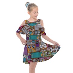 Pattern Design Art Techno Dj Music Retro Music Device Kids  Shoulder Cutout Chiffon Dress by Bakwanart