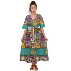 Pattern Design Art Techno Dj Music Retro Music Device Kimono Sleeve Boho Dress