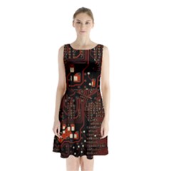 Red Computer Circuit Board Sleeveless Waist Tie Chiffon Dress by Bakwanart