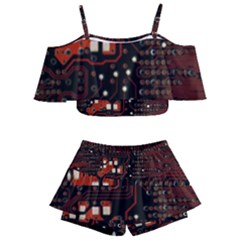 Red Computer Circuit Board Kids  Off Shoulder Skirt Bikini by Bakwanart