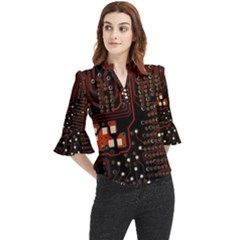 Red Computer Circuit Board Loose Horn Sleeve Chiffon Blouse