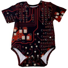 Red Computer Circuit Board Baby Short Sleeve Bodysuit by Bakwanart