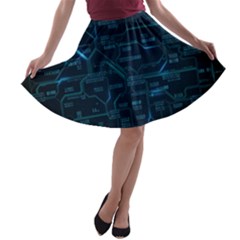 Technology Computer Circuit Boards Electricity Cpu Binary A-line Skater Skirt by Bakwanart