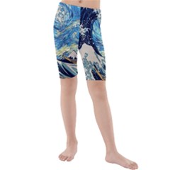 The Great Wave Of Kanagawa Painting Hokusai, Starry Night Vincent Van Gogh Kids  Mid Length Swim Shorts by Bakwanart