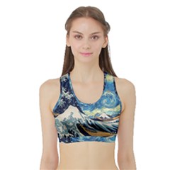 The Great Wave Of Kanagawa Painting Hokusai, Starry Night Vincent Van Gogh Sports Bra With Border