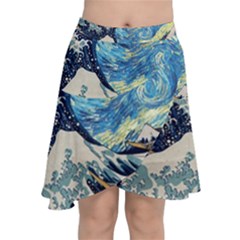 The Great Wave Of Kanagawa Painting Hokusai, Starry Night Vincent Van Gogh Chiffon Wrap Front Skirt by Bakwanart