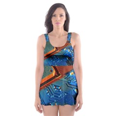 Gray Circuit Board Electronics Electronic Components Microprocessor Skater Dress Swimsuit by Bakwanart