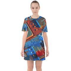 Gray Circuit Board Electronics Electronic Components Microprocessor Sixties Short Sleeve Mini Dress by Bakwanart