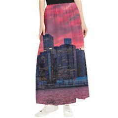 Skyline Sunset United States Reflection Usa,new York Manhattan Maxi Chiffon Skirt by Bakwanart