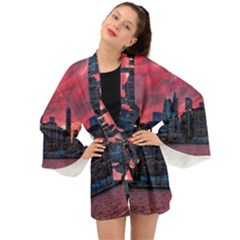 Skyline Sunset United States Reflection Usa,new York Manhattan Long Sleeve Kimono by Bakwanart