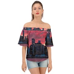 Skyline Sunset United States Reflection Usa,new York Manhattan Off Shoulder Short Sleeve Top by Bakwanart