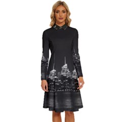 Photography Of Buildings New York City  Nyc Skyline Long Sleeve Shirt Collar A-line Dress by Bakwanart