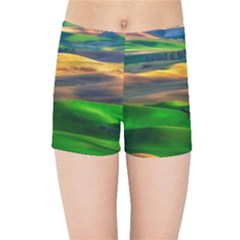 Grassland Nature Palouse Green Field Hill Sky Butte Kids  Sports Shorts