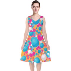Circles Art Seamless Repeat Bright Colors Colorful V-neck Midi Sleeveless Dress 