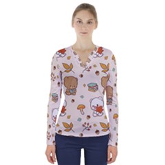 Bear Cartoon Background Pattern Seamless Animal V-neck Long Sleeve Top by 99art