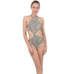 Art Nouveau Vintage Retro Pattern Floral Halter Side Cut Swimsuit by 99art