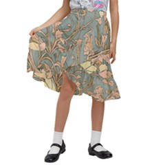 Art Nouveau Vintage Retro Pattern Floral Kids  Ruffle Flared Wrap Midi Skirt