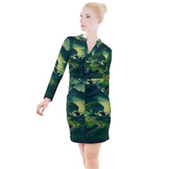 Landscape Scenery Nature Artwork Button Long Sleeve Dress