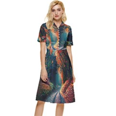 Forest Autumn Fall Painting Button Top Knee Length Dress