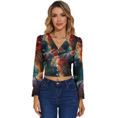 Forest Autumn Fall Painting Long Sleeve V-neck Top by 99art