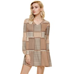 Wooden Wickerwork Texture Square Pattern Tiered Long Sleeve Mini Dress by 99art