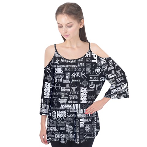 Music Pattern Black White Flutter Sleeve Tee  by 99art