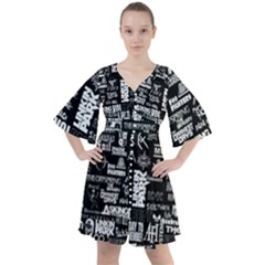 Music Pattern Black White Boho Button Up Dress