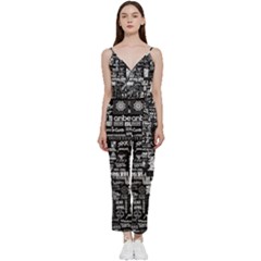 Music Pattern Black White V-neck Spaghetti Strap Tie Front Jumpsuit by 99art