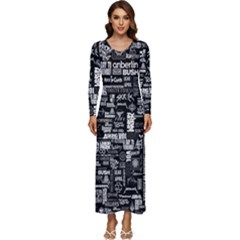 Music Pattern Black White Long Sleeve Longline Maxi Dress by 99art